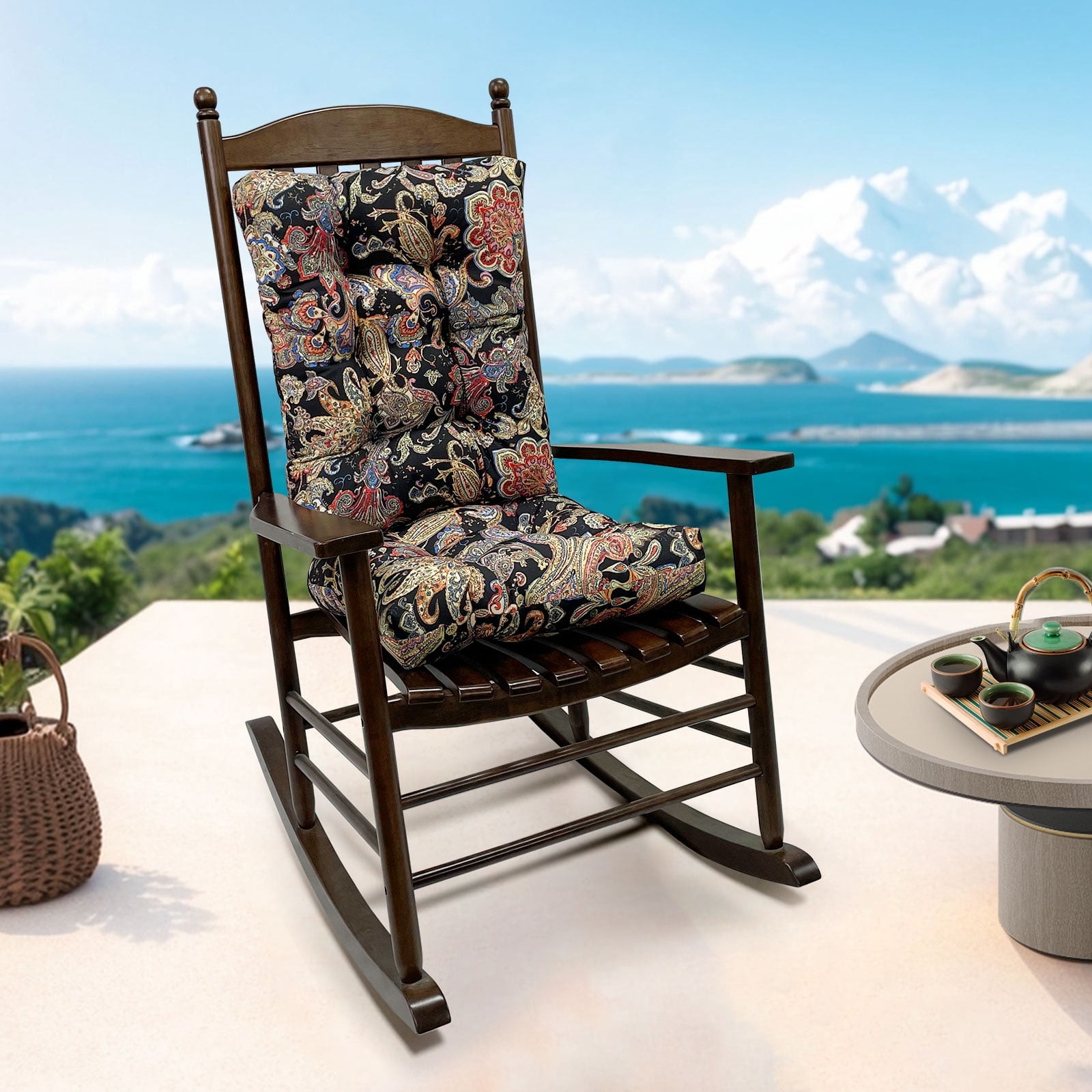 KALAKALA Outdoor Rocking Chair Cushions Pack of 2 Patio Chair Cushion Pad Sets Patio High Back Chair Seat Cushions with Ties for Garden Patio Furniture, Green Leaves