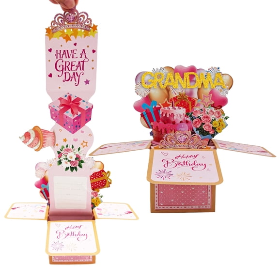 KALAKALA Pull-Up 3D Pop Up Birthday Card for Granddaughter, Interactive Explosion Box Greeting Card with Surprise Cake & Flowers, Sweet Birthday Gift from Grandparents