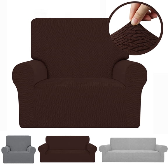 KALAKALA Stretch Single Sofa Slipcover 1 Piece Couch Sofa Cover (35.4"-55") Furniture Protector 1 Seater Sofa with Elastic Bottom for Kids,Pet Dog, Jacquard Pattern, Brown