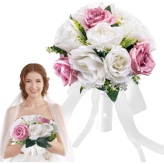 KALAKALA Wedding Bouquets for Bride & Bridesmaid - Realistic Silk Flowers Artificial Roses, 8 Inch Bridesmaid Bouquet for Ceremony, Church, Anniversary, and Home Decoration (White & Blue)
