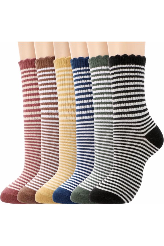 Women Ruffle Striped Frilly Socks Cotton Checkered Crew Socks | Cute Frilly Stripes Checker Design,Soft Stretchy Cotton Blend,Quality Comfort, Ladies Girls Retro Casual Wear Gifts,US Women