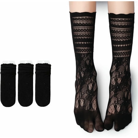 KALAKALA Women Tabi Socks with Lace, Split Toe, Cotton Blend, Low Cut Invisible Liner Socks, 3 Pair