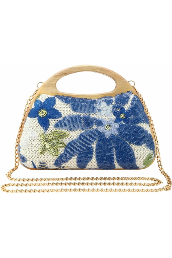 Women's Straw Purse Beaded Bag Wooden Top Handle Embroidery Sequin Handbag Summer Beach Evening Clutch Crossbody Bag