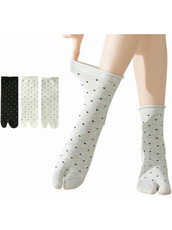Women's Tabi Split Toe Socks, Cotton Blend, Beige Cream Black, 3 Pack, Floral and Solid Patterns