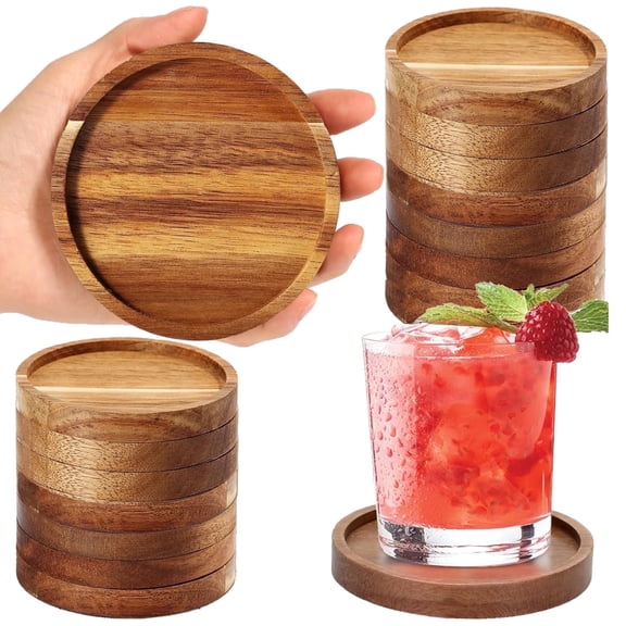 KALAKALA Wooden Coasters Set of 8, Acacia Wood Drink Coasters with Non-Slip Pads Round Tabletop Protectors for Coffee Table, Desk, Home Decor, Gift Idea
