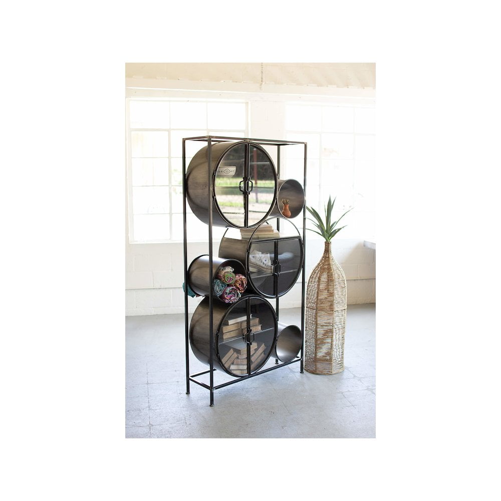 Modern Industrial Iron & Glass Circle Shelving Unit - Gray