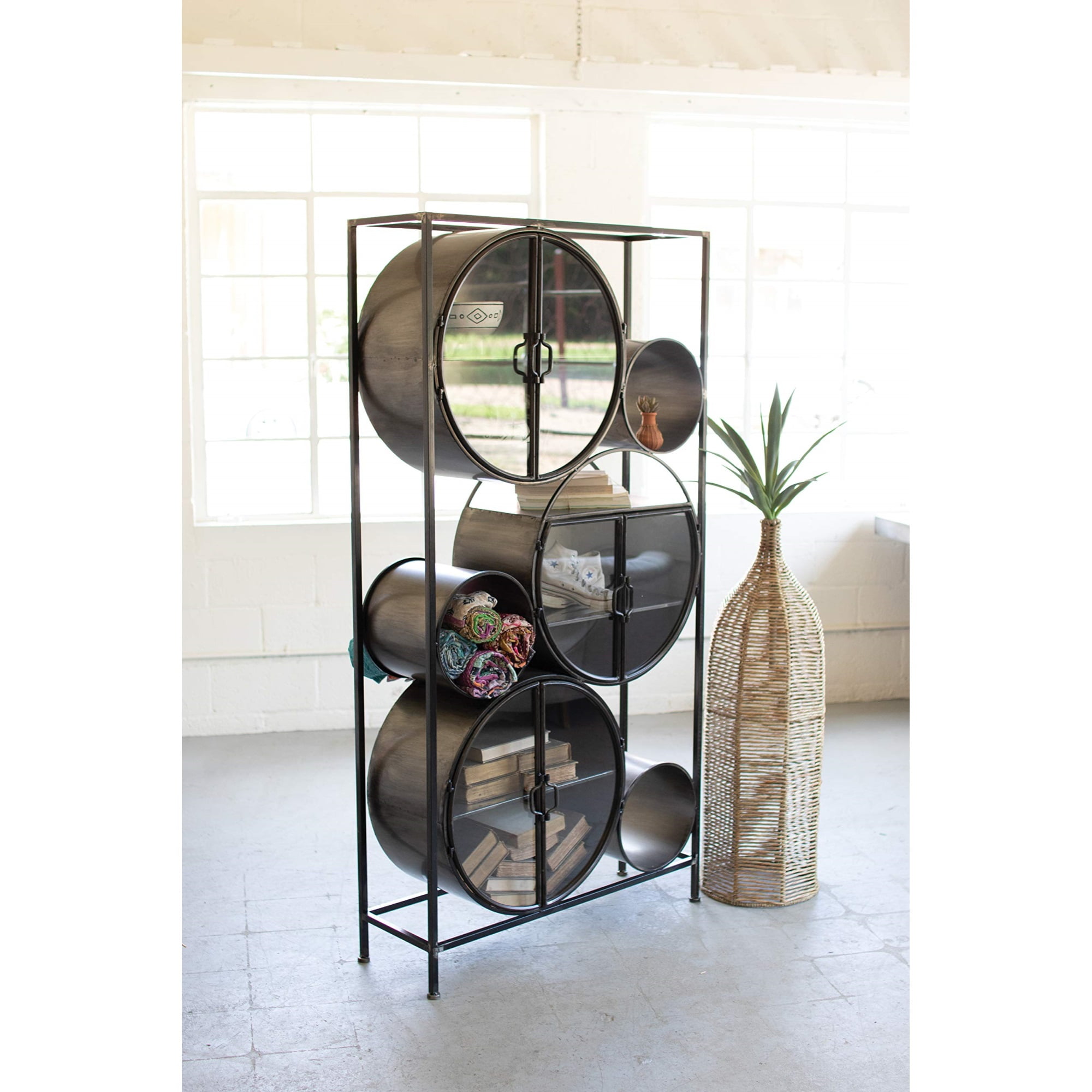 Modern Industrial Iron & Glass Circle Shelving Unit - Gray