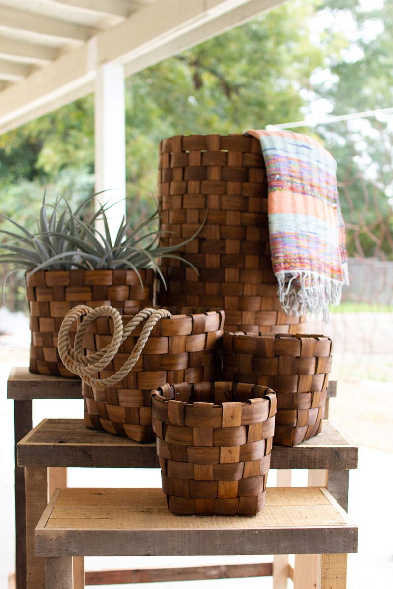 Rustic Round Wood Storage Basket Set