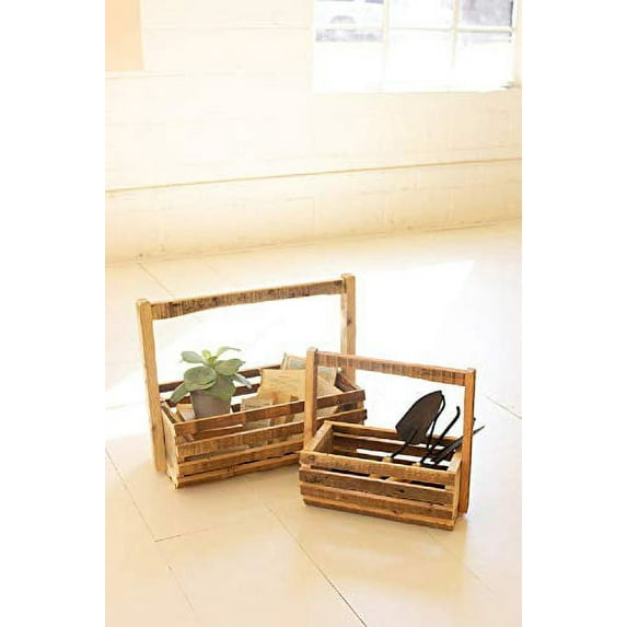 KALALOU CCHA1054 Recycled Slatted Baskets with Tall Handles, Set of 2, 18-inch High, Wood