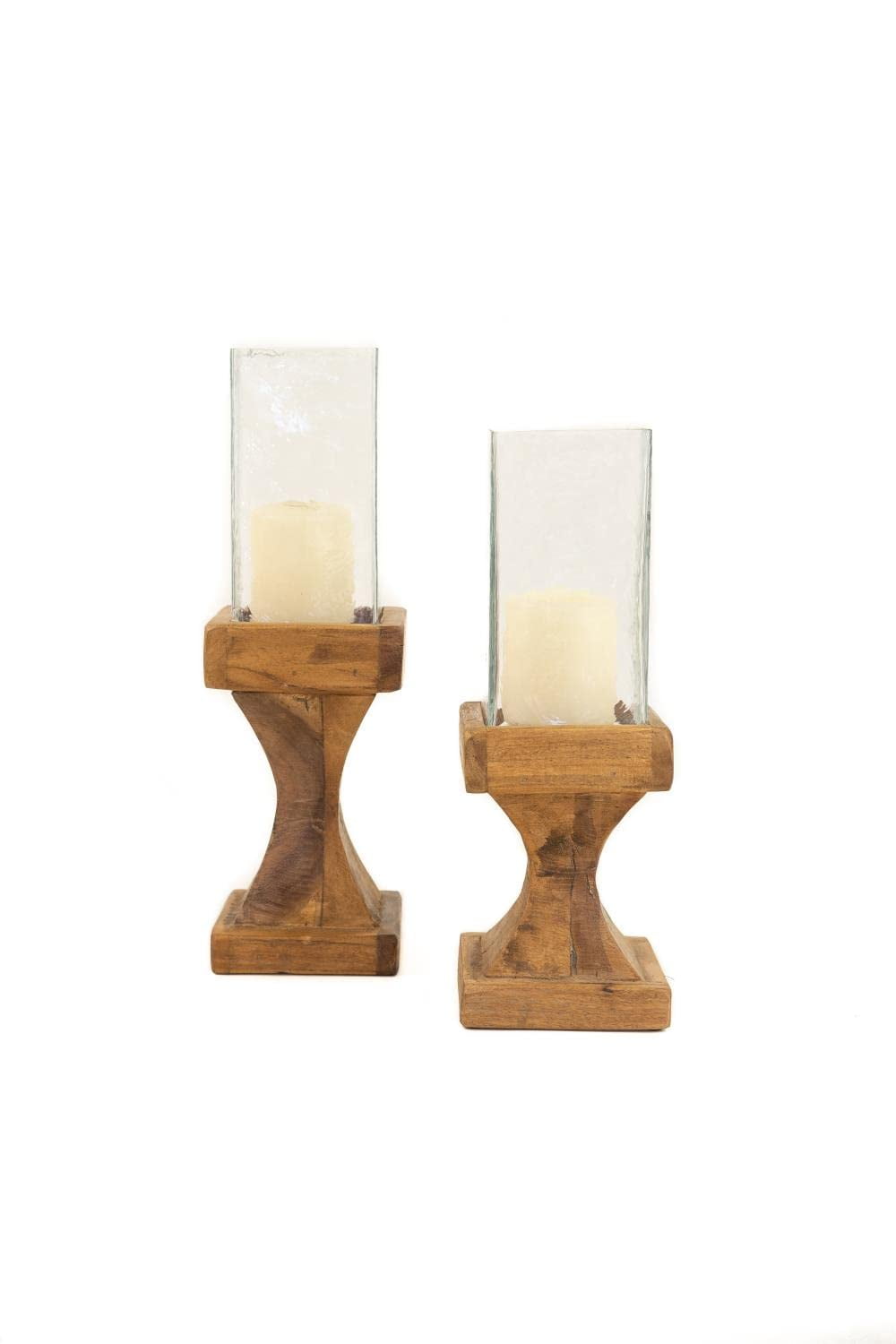 Set of Two Square Hurricane Candle Holders with Recycled Wood Base