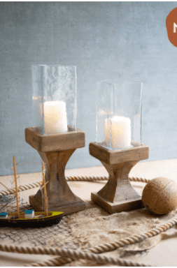 Set of Two Square Hurricane Candle Holders with Recycled Wood Base