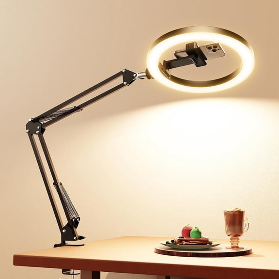 KALCINTY Camera Mount with Ring Light Overhead, 10" LED Ring Light for Desk with Stand Tripod, Light with Phone Holder for YouTube Live Stream Tiktok Video Recording