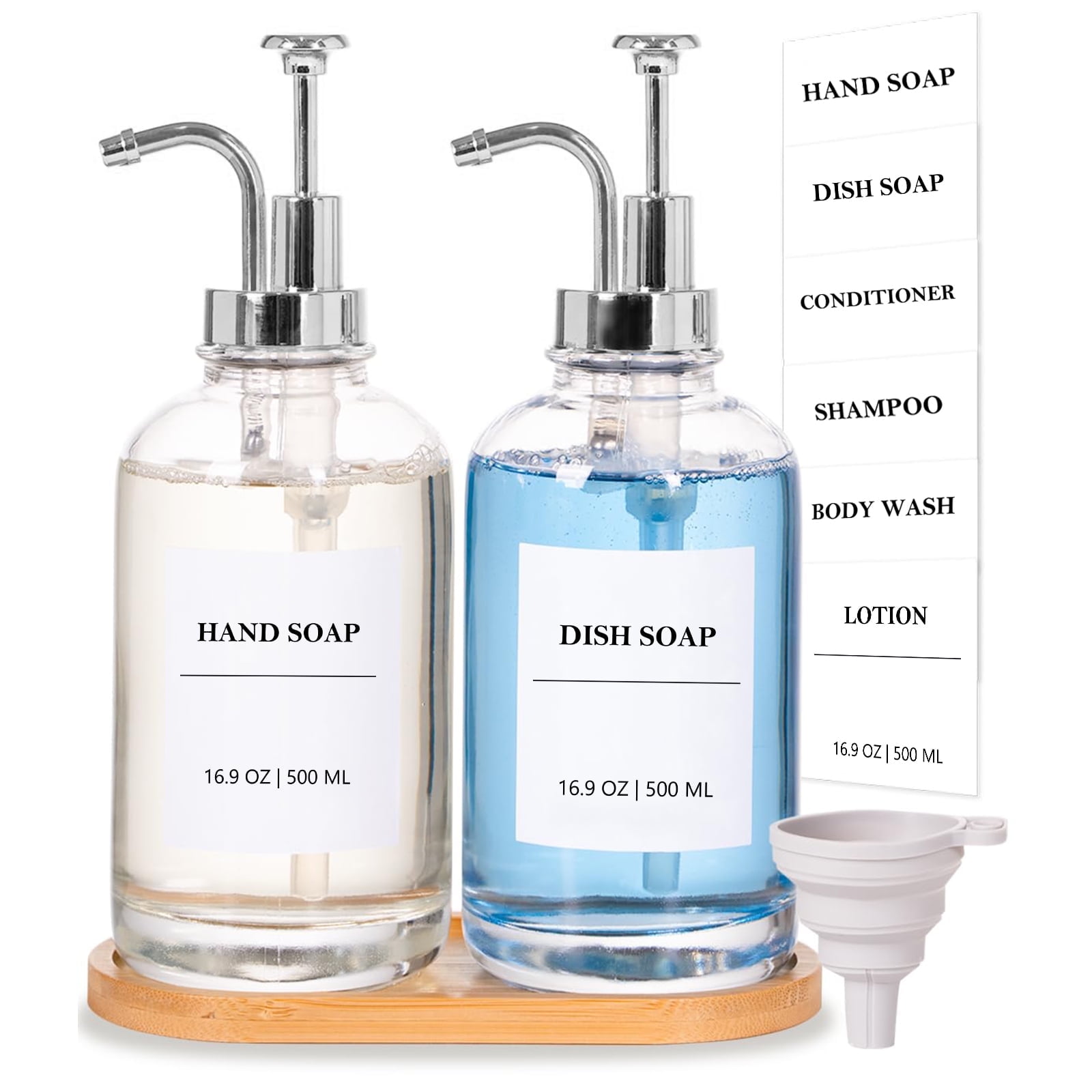 KALCINTY Glass Soap Dispenser for Kitchen, Hand Soap Dispenser Set with Pump, Tray, Funnel for Bathroom, Shower, Laundry, Liquid, Lotion, 16.9 OZ, 2 Pack