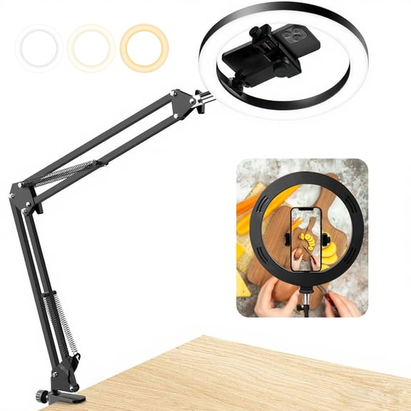 KALCINTY Overhead Phone Mount with Ring Light, 10" LED Ring Light for Desk with Stand Tripod, Light with Phone Holder for Video Recording, Zoom Meeting, Live Streaming, Tiktok, YouTube