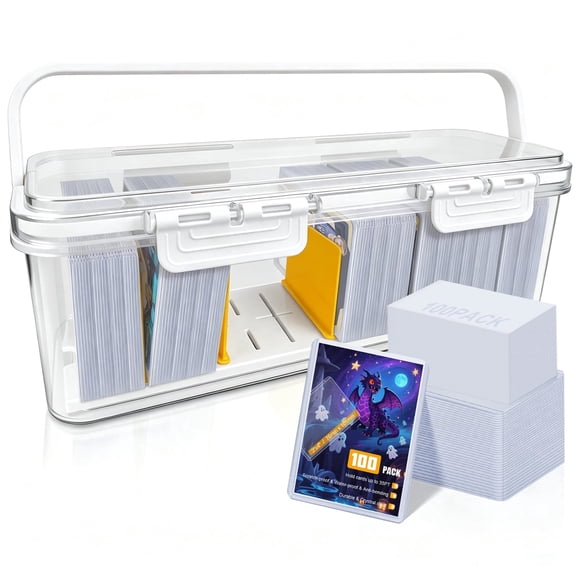 KALCINTY 100 Toploaders + 100 Penny Sleeves Toploader Storage Box , Trading Card Storage Box with 5 Dividers, Large for 165+ Toploaders