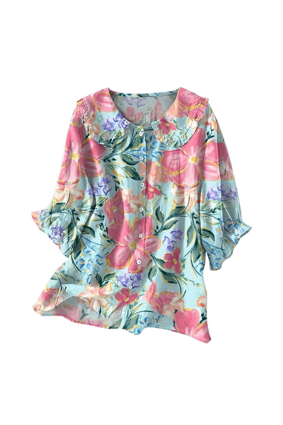 3/4 Length Sleeve Womens Tops Women Vintage Floral Art Print Collar Half Blouses Y2K Clothes Light Blue XXL