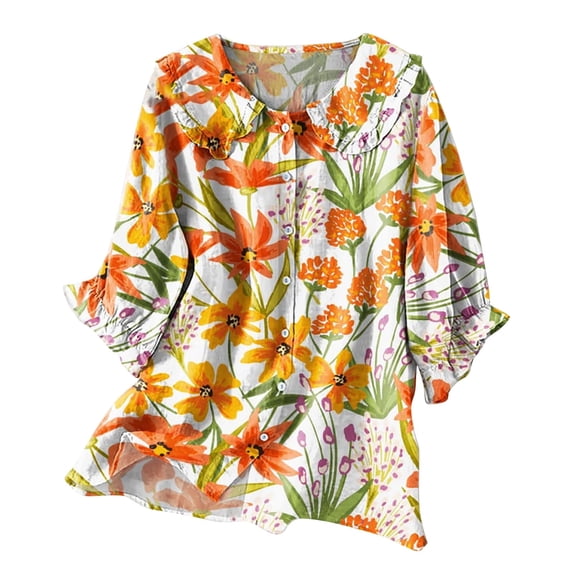 KALE 3/4 Length Sleeve Womens Tops Women Vintage Floral Art Print Collar Half Blouses Y2K Clothes Orange M