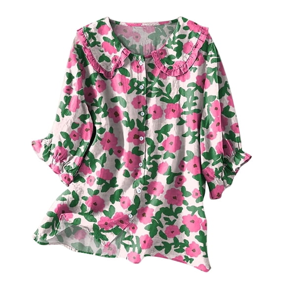 KALE 3/4 Length Sleeve Womens Tops Women Vintage Floral Art Print Collar Half Blouses Y2K Clothes Pink XXXL