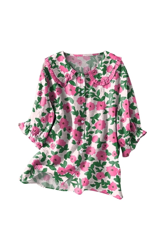 3/4 Length Sleeve Womens Tops Women Vintage Floral Art Print Collar Half Blouses Y2K Clothes Pink XXXL