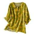 thumbnail image 1 of KALE 3/4 Length Sleeve Womens Tops Women Vintage Floral Art Print Collar Half Blouses Y2K Clothes Yellow L, 1 of 3