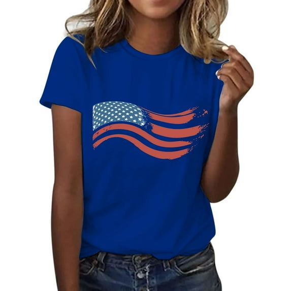 KALE 4th of July Short Sleeve Shirts for Women American Flag Patriotic 2D Independence Day Print Casual Sports T Shirt Y2K Clothes Blue XL