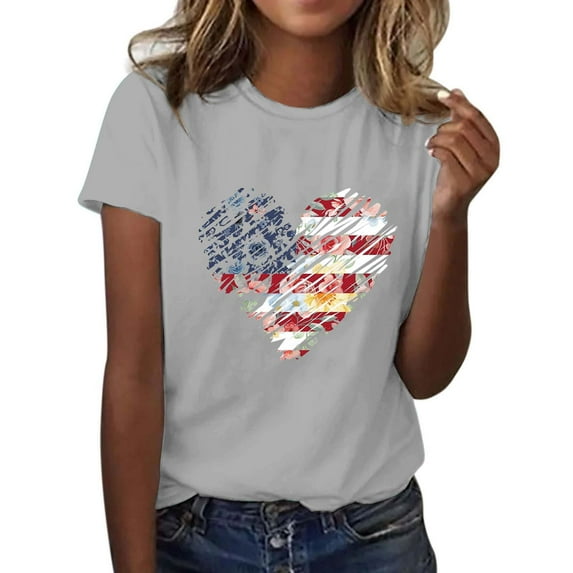 KALE 4th of July Short Sleeve Shirts for Women American Flag Patriotic 2D Independence Day Print Casual Sports T Shirt Y2K Clothes Grey XXXL