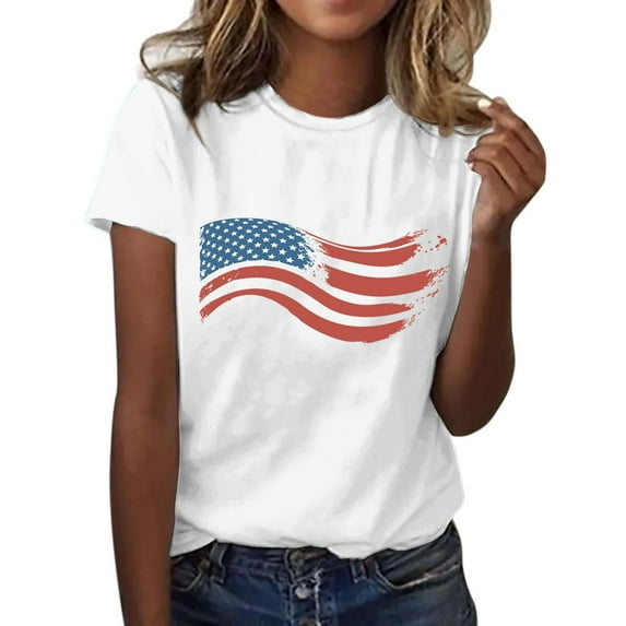 KALE 4th of July Short Sleeve Shirts for Women American Flag Patriotic 2D Independence Day Print Casual Sports T Shirt Y2K Clothes White L