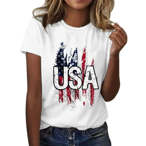 KALE 4th of July Short Sleeve Shirts for Women American Flag Patriotic 2D Independence Day Print Casual Sports T Shirt Y2K Clothes White S
