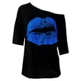 thumbnail image 1 of KALE Boat Neck Tops for Women Casual Off Shoulder Nostalgic Big Lip Print 80s Clothing Medium Sleeved T Shirt Top Elbows Up T Shirt Blue, 1 of 3