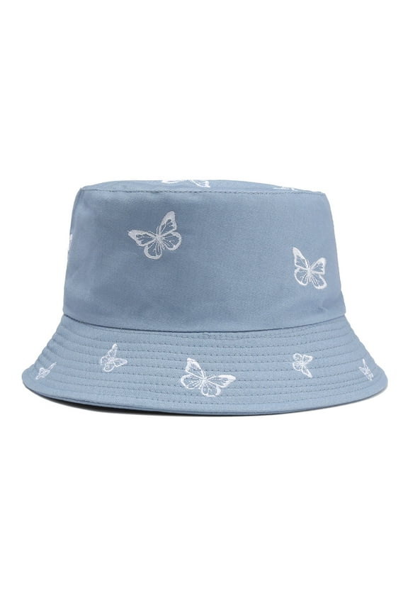 Bucket Hat Butterfly Embroidery Double-Sided Solid Color Blue