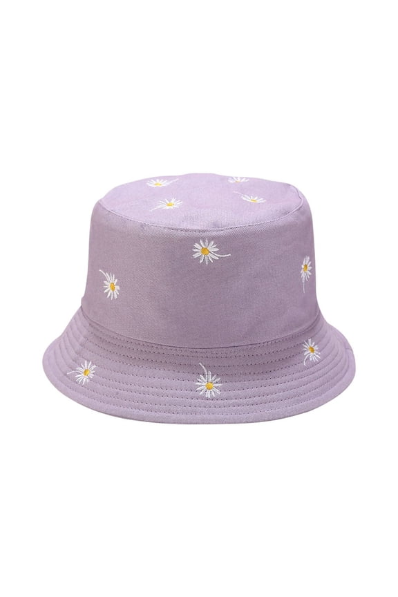 Bucket Hat Daisy Embroidery Reversible Beach Solid Color Purple
