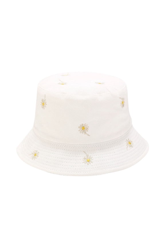 Bucket Hat Daisy Embroidery Reversible Beach Solid Color White