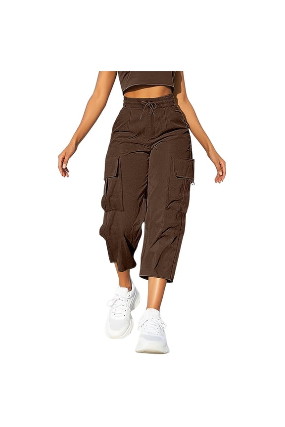 Capri Pants for Women Plus Size Cargo Drawstring Solid Color Trousers Brown