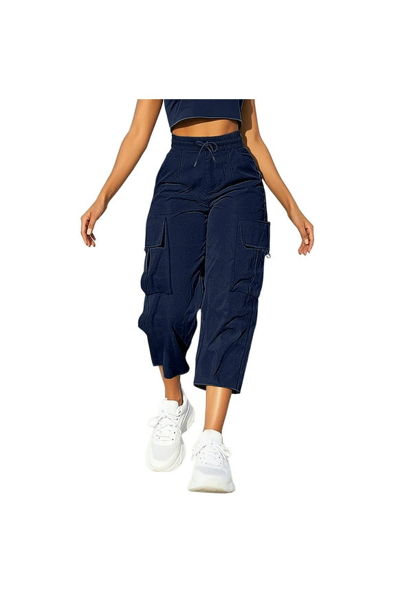 Capri Pants for Women Plus Size Cargo Drawstring Solid Color Trousers Navy