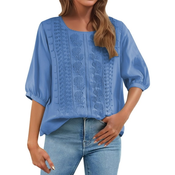 KALE Cotton And Linen 3t4 Length Sleeve Womens Tops Women's Fashionable Casual Solid Color Pleated Shirts T Plain T Shirts Blue XXXL