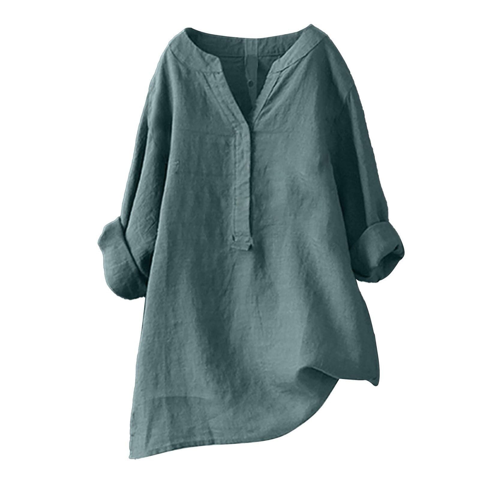 Cotton And Linen Clothes for Women Solid Summer Vacation Tunic Tops Oversized Tshirts Casual Blouses Long Sleeve Shirts Green