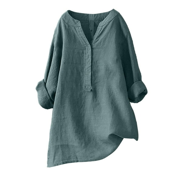 KALE Cotton And Linen Clothes for Women Solid Summer Vacation Tunic Tops Oversized Tshirts Casual Blouses Long Sleeve Shirts Green