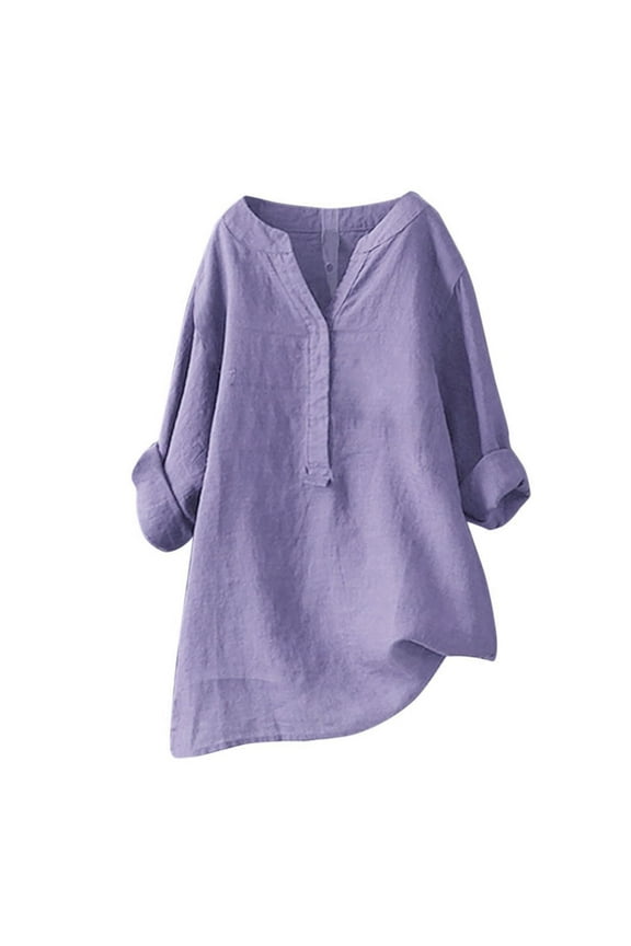 Cotton And Linen Clothes for Women Solid Summer Vacation Tunic Tops Oversized Tshirts Casual Blouses Long Sleeve Shirts Purple