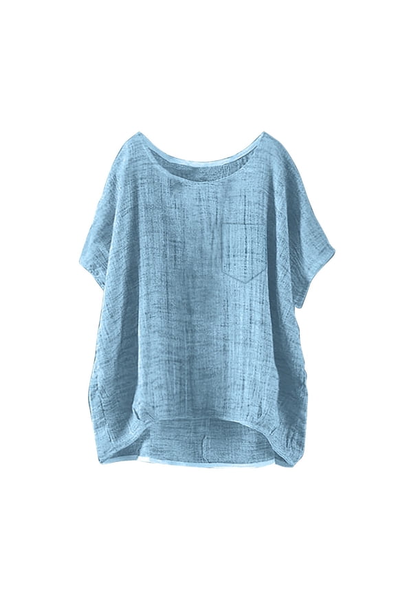 Cotton And Linen Clothes for Women Summer Short Sleeve Solid Casual Loose Top Short Sleeve Shirts Sky Blue