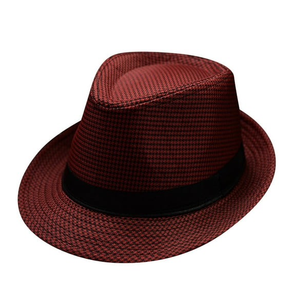 KALE Fedora Hat Houndstooth British Bohemian Solid Color Red
