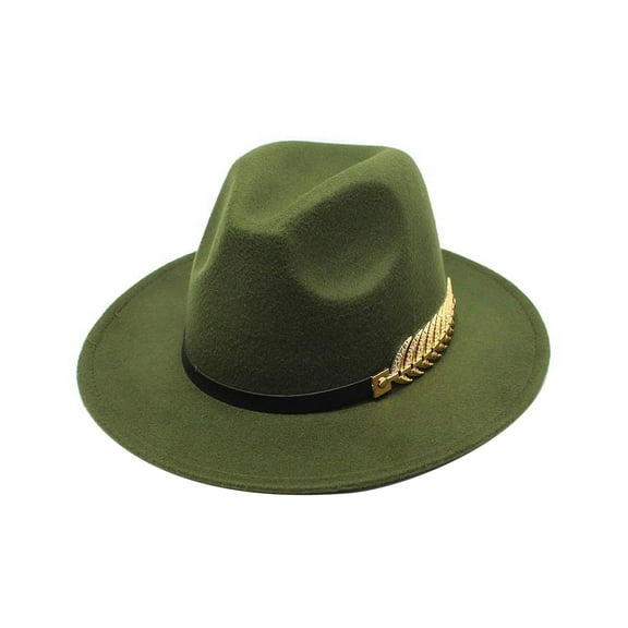 KALE Fedora Hat Metal Buckle Wide Brim Classic Solid Color Army Green