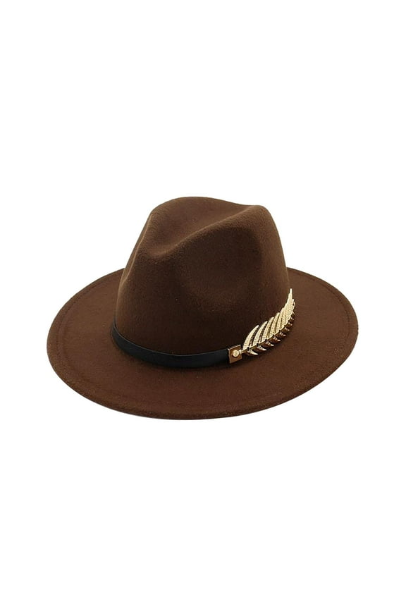 Fedora Hat Metal Buckle Wide Brim Classic Solid Color Coffee