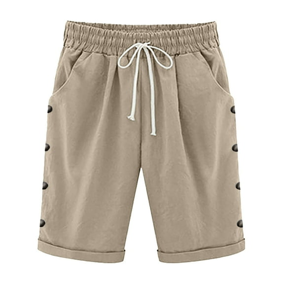 KALE High Waisted Shorts For Women Knee Length Plus Size Summer Elastic Waist Beach Long With Pockets Lounge Shorts Women Khaki XXL