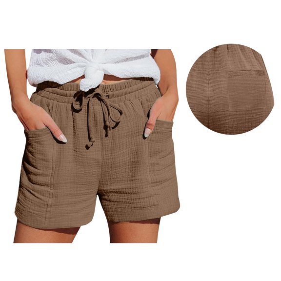 KALE High Waisted Shorts Women Casual Elastic Waist Cotton Linen Sports Buttocks Real Pocket Womens Short Coffee