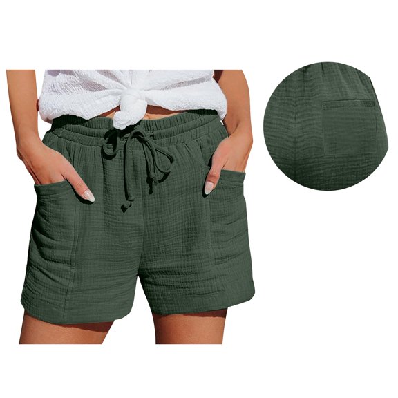 KALE High Waisted Shorts Women Casual Elastic Waist Cotton Linen Sports Buttocks Real Pocket Womens Short Green