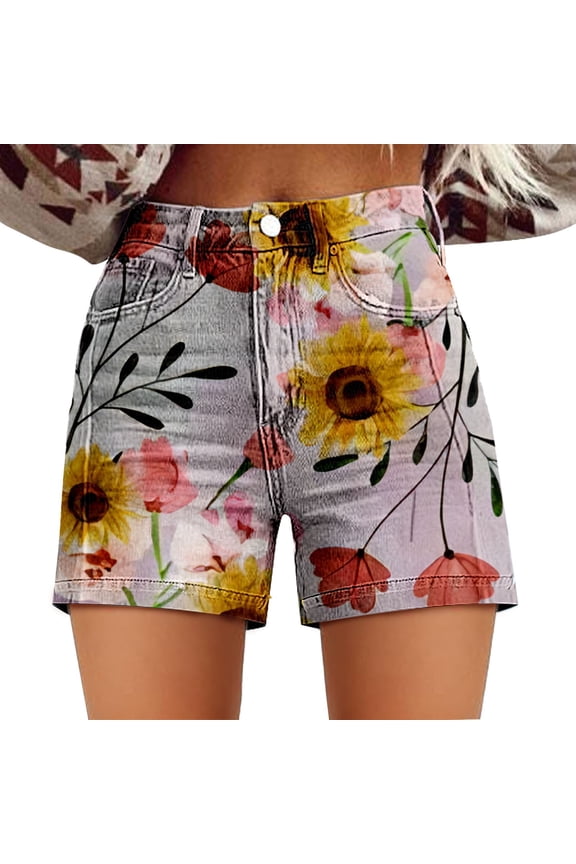Jean Shorts Womens Casual High Waist Denim Relaxed Fit ArtRetro Printed Floral With Pockets Denim Shorts Women Short Pink