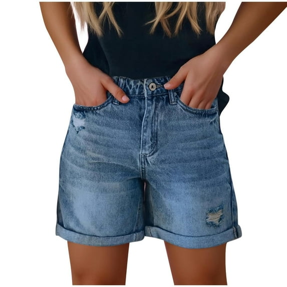 KALE Jean Shorts Womens Denim Stretchy Mid High Waisted Plus Size Casual Trendy Loose Fit Hot Short Jeans Denim Shorts Women Short Blue