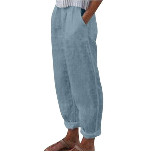 KALE Linen Pants Women Womens Wide Leg Cotton Straight Pocket Casual Women's High Waist Fashionable Drawstring Elastic Comfortable Womens Pants Sky Blue
