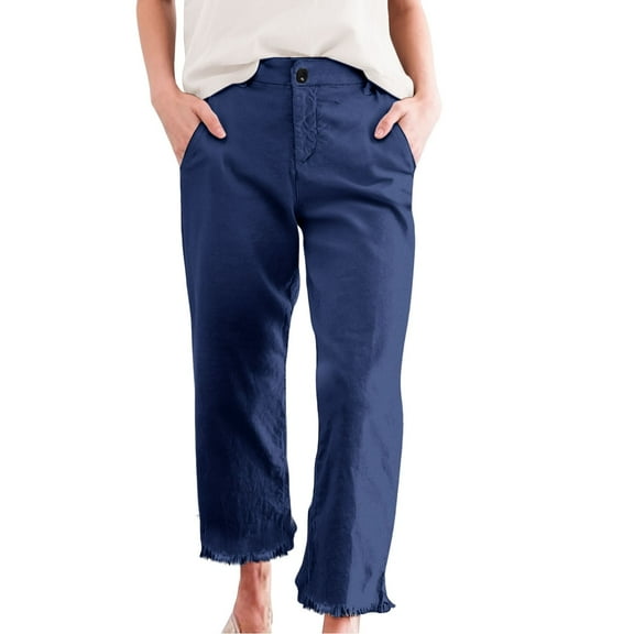 KALE Linen Pants for Women Baggy Sweatpants Cropped High Waisted Straight Leg Work Business Casual Ankle With Pockets Women Pants Navy