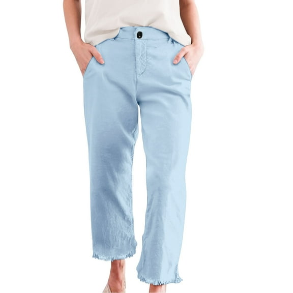KALE Linen Pants for Women Baggy Sweatpants Cropped High Waisted Straight Leg Work Business Casual Ankle With Pockets Women Pants Sky Blue